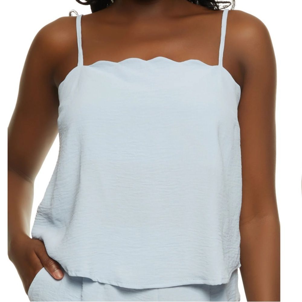 Iris Scalloped Trim Baby Blue Airy Crepe Knit Cami Sleeveless